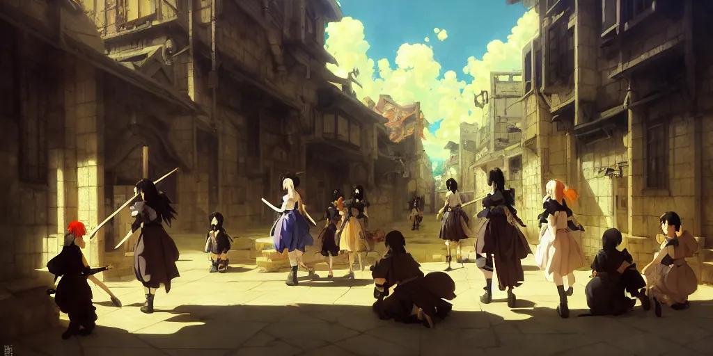 Image similar to baroque oil painting of anime key visual environment concept art of anime maids crusading in jerusalem, brutalist, dark fantasy, rule of thirds golden ratio, fake detail, trending pixiv fanbox, acrylic palette knife, style of makoto shinkai studio ghibli genshin impact jamie wyeth james gilleard greg rutkowski chiho aoshima