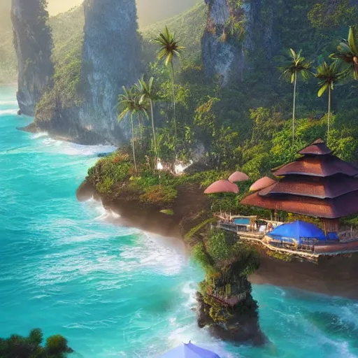 Prompt: A beautiful, perfect, impressive, amazing concept art digital CG painting of a place in Bali, trending on ArtStation, Unreal Engine