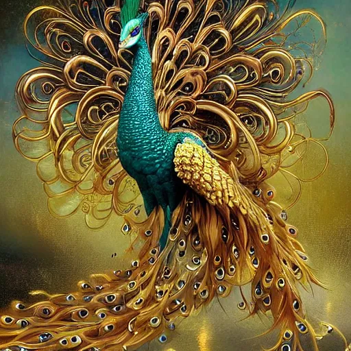 Prompt: concept designs for a character that is a ethereal and peacock inspired arm length golden gloves, they have a single leg that is a serpents tail covered in gold and jewels, art by yuji ikehata and satoshi kon and miyazaki ghibli, anime