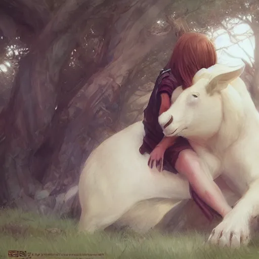 Image similar to a person hugging a large white animal, a detailed painting by krenz cushart, pixiv contest winner, fantasy art, official art, detailed painting, pixiv. highly detailed. 4 k masterpiece.