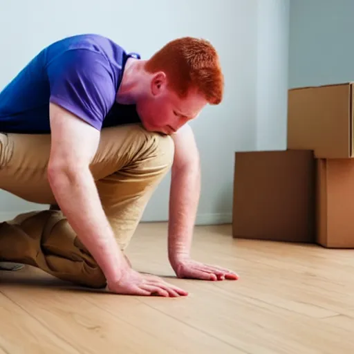 Image similar to moving day disaster. photo of ginger man on the floor holding his back in pain