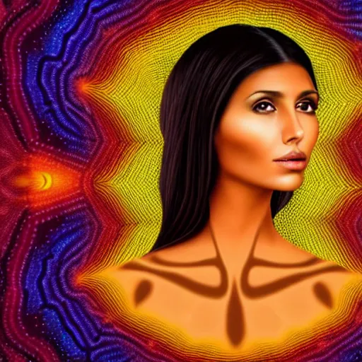 Prompt: tan latina woman, landscape, entering fourth dimension, third eye, prominent rosy cheek bones, black hair and brown eyes, psychedelic da vinci art style,