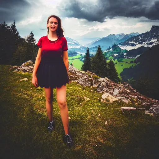 Image similar to a beautiful photograph of a girl with switzerland landscape in the background with trees, hdr, 8 k, high quality, sharp focus, artstation, highly detailed, award - winning, dramatic lighting, beautiful clouds, and nature