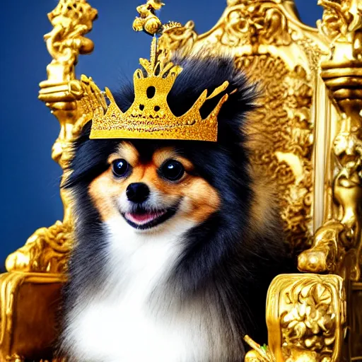 Image similar to a Pomeranian wearing a golden crown is sitting on the King's throne