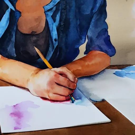 Prompt: expressive watercolor painting of a woman creating art. She is wearing a blue blouse