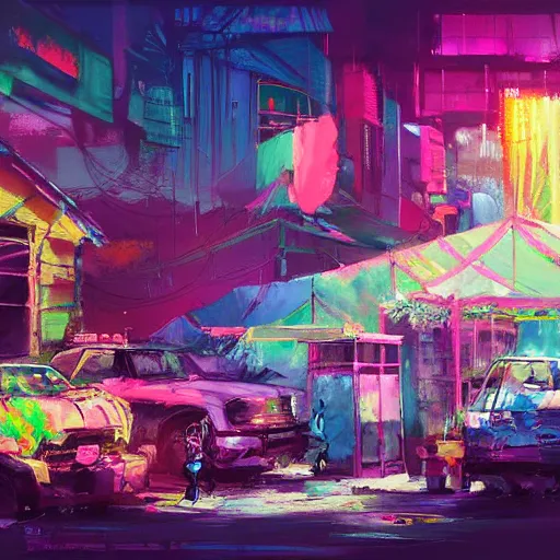 Image similar to acrylic painting, strong emotional impact, bold pastel colors, expressive brushstrokes, overall sense of movement in the composition. hippie bohemian encampment with tie - dye tents and a garden. cyberpunk art by liam wong, cgsociety, panfuturism, nature utopia, anime aesthetic