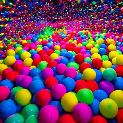 Prompt: Colourful snowball fight in a never ending ball pit lit by flashing pixel light 8k Resolution beautiful painting