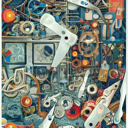 Image similar to a chaotic scene of many pairs of scissors and a crazy machine with lots of details and contraptions. the illustration is very detailed and intricate, with a lot of small elements that come together to create a cohesive whole. it uses a limited palette of colors, which helps to create a cohesive and unified look.