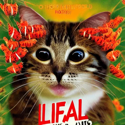 Image similar to “life is beautiful” inspirational poster with caterpillars and cats