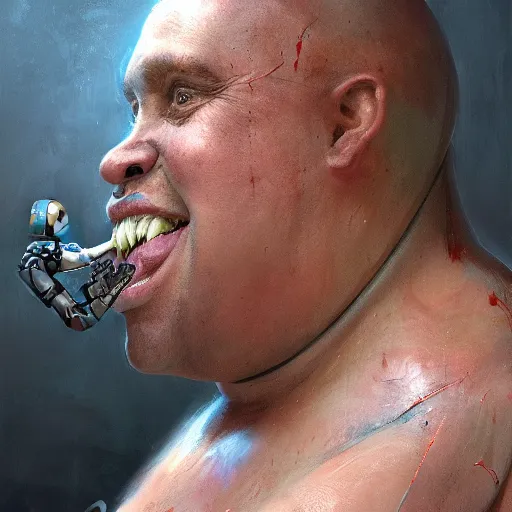 Prompt: closeup portrait of an overweight barkeeper with a prosthetic robot arm, decayed teeth, ratz, neuromancer, bar background, painted by greg rutkowski, painted by igor kieryluk, high detail, dramatic light, digital art, trending on artstation