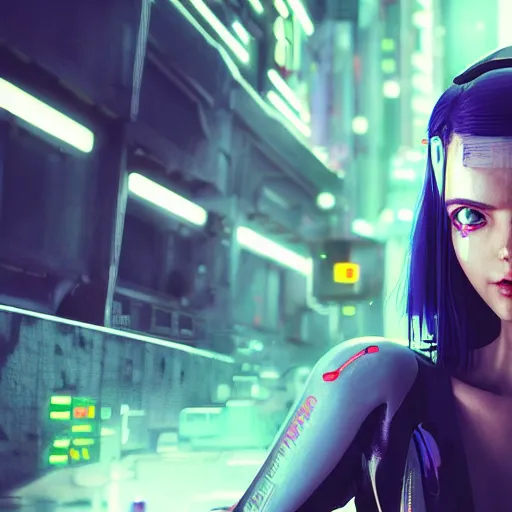 Image similar to A cyberpunk portrait of a cute woman with one robotic eyes, robot, cyborg, detailed, textured, artstation, Blade Runner, Ghost in the Shell, Alita, Battle Angle, Cyberpunk 2077, Pinterest, photorealism, octane render.