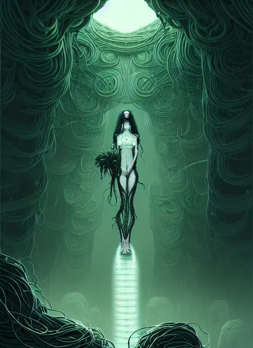 Image similar to highly detailed portrait of a biopunk long curly white hair tribal lady, stray wiring by atey ghailan, james gilleard, by joe fenton, by greg rutkowski, by greg tocchini, by kaethe butcher, 4 k resolution, gradient green, black and white color scheme!!! ( ( irradiated robotic leafy tornado landscape background ) )