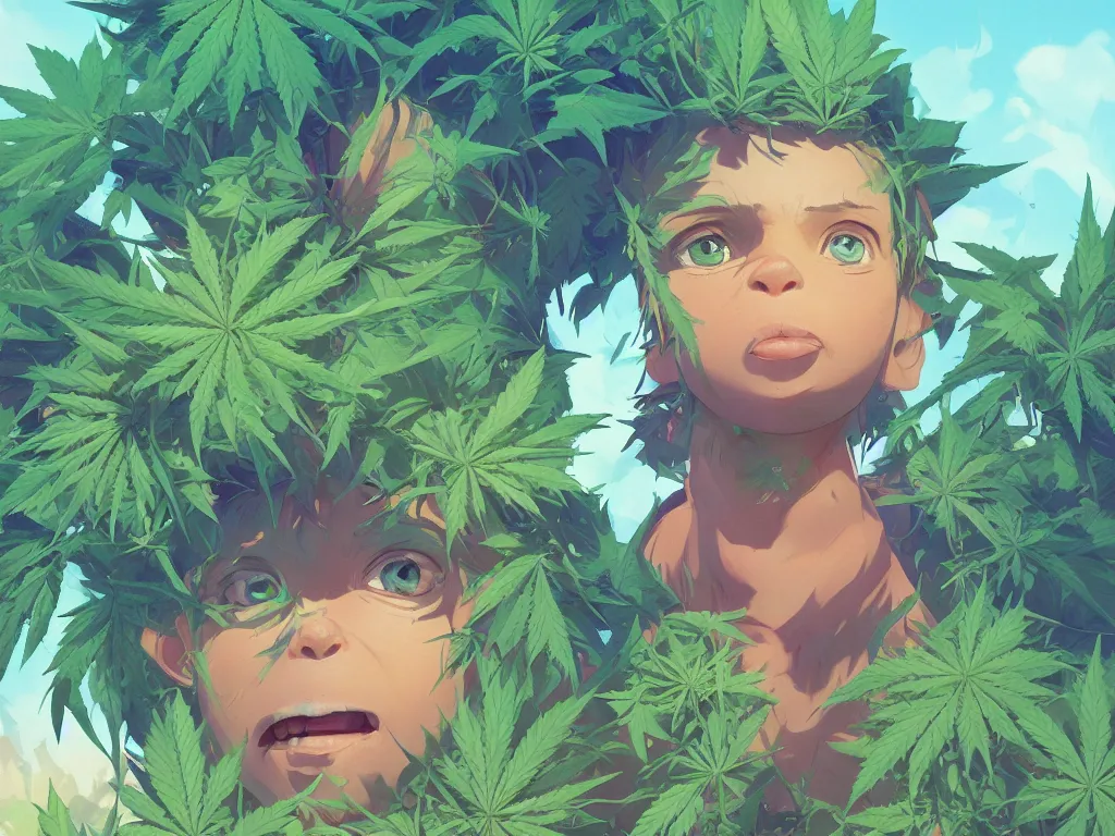 Image similar to kid with green purple flowers of marijuana hemp cannabis, behance hd by jesper ejsing, by rhads, makoto shinkai and lois van baarle, ilya kuvshinov, rossdraws global illumination, golden ratio, symmetrical beauty face