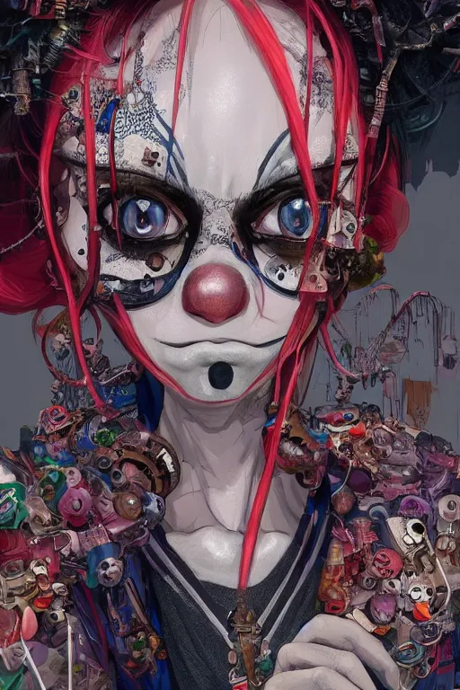 Image similar to by kyoto animation, very creepy clown girl, wearing cyberpunk intricate streetwear, beautiful, detailed portrait, intricate complexity, ilya kuvshinov, cell shaded, 4 k, concept art, by wlop, ilya kuvshinov, artgerm, krenz cushart, greg rutkowski, sharp focus, volumetric lighting, cinematic lighting, studio quality