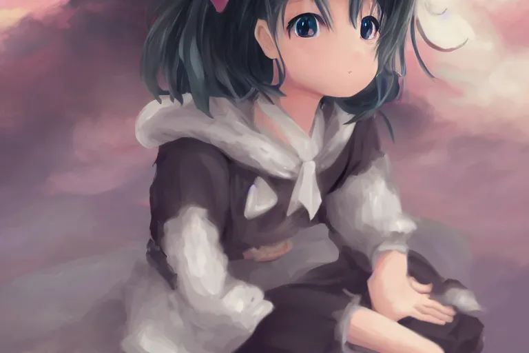 Image similar to a cute anime girl sitting on a cloud, digital painting, anime, portrait