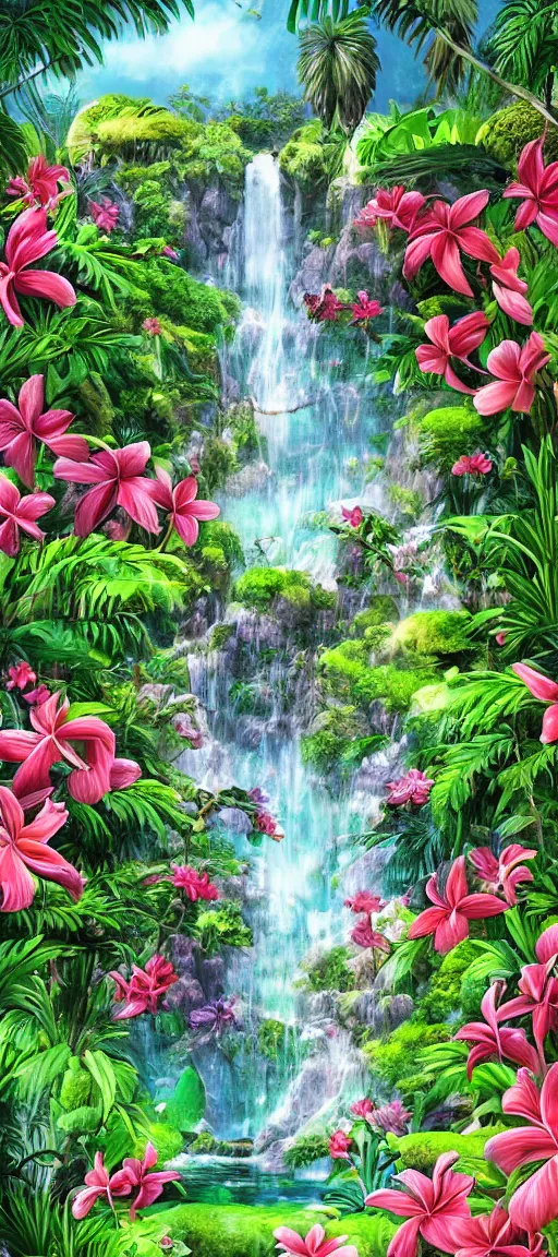 Image similar to cascading concept art of an exotic garden with waterfall pools, and flowers and palm trees, plumeria, hibiscus, detailed, highly detailed, aesthetic, realistic, hyper realism, colorful, in depth, intricate,