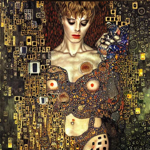 Image similar to cybernetic demon sleeping in circuitry, intricate detail, klimt, royo, whealan,