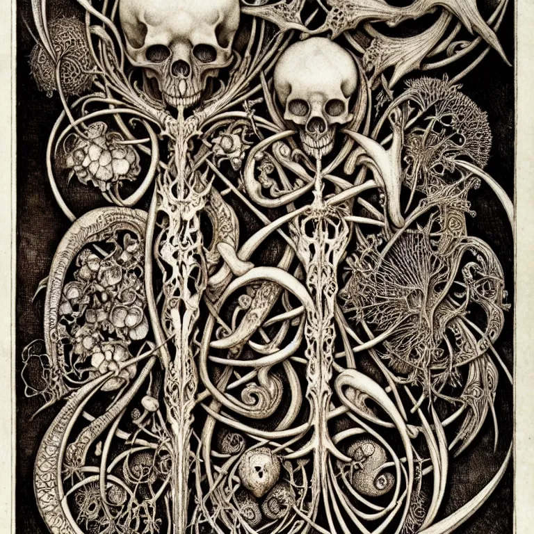 Image similar to memento mori by arthur rackham, art forms of nature by ernst haeckel, exquisitely detailed, art nouveau, gothic, ornately carved beautiful skull dominant, intricately carved antique bone, art nouveau botanicals, ornamental bone carvings, art forms of nature by ernst haeckel, horizontal symmetry, arthur rackham, ernst haeckel