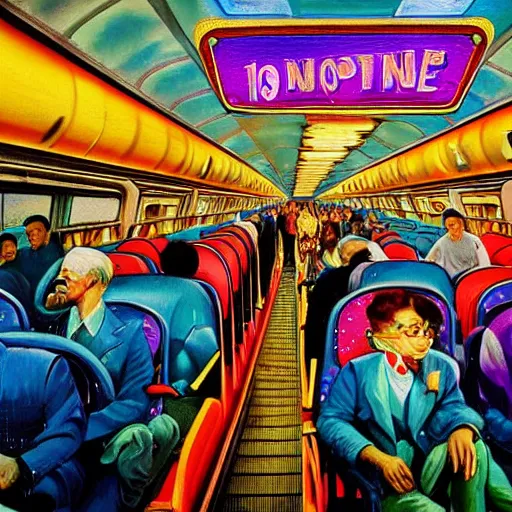 Image similar to sign that says 1 0 0, text 1 0 0, lisa frank, glorious, bedazzled, spectacled, amazing, unreal render, bokeh, studio lighting, ultradetailed, detailed and realistic painting of a giant warship plane, dieselpunk, historical photo of commuters in train to new york 1 8 9 0, everybody is looking at smartphones