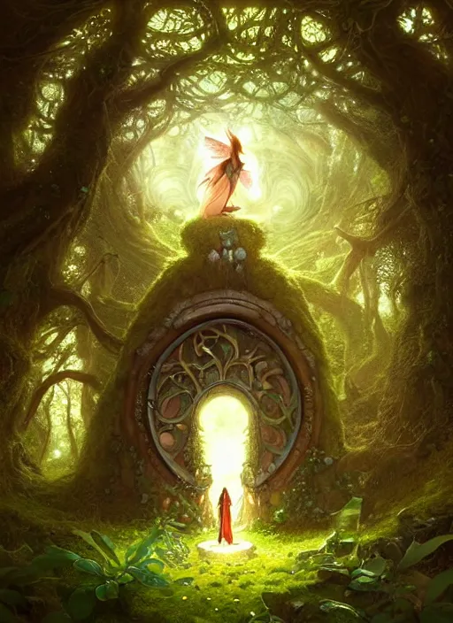 Image similar to Fantasy Magical fairy-tale portal in the forest. Round stone portal teleport in trees to other worlds. Fantastic landscape. Magic Altar in the fores, highly detailed, digital painting, artstation, concept art, smooth, sharp focus, illustration, art by artgerm and greg rutkowski and alphonse mucha