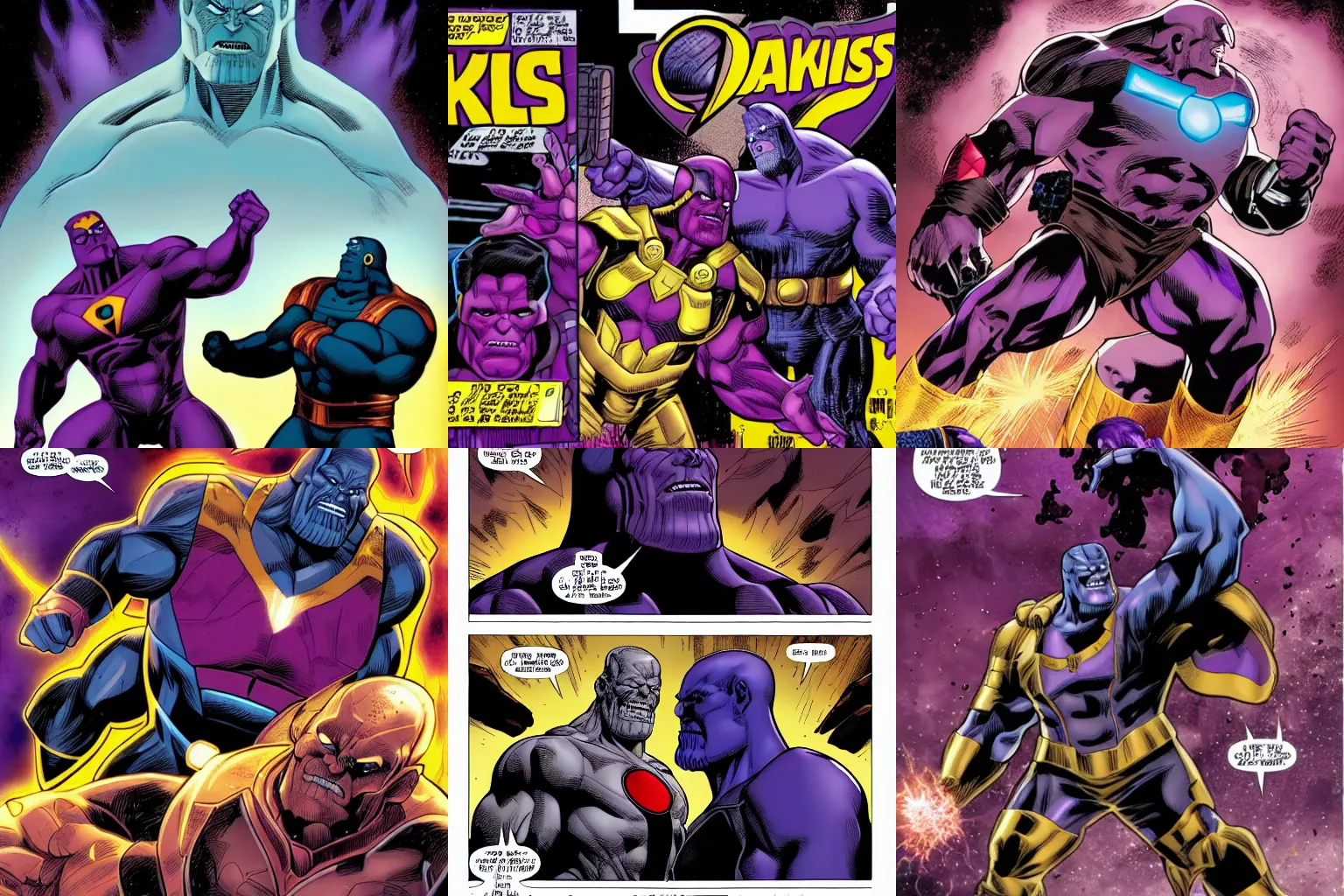 Prompt: thanos and darkseid fighting, comic book, marvel