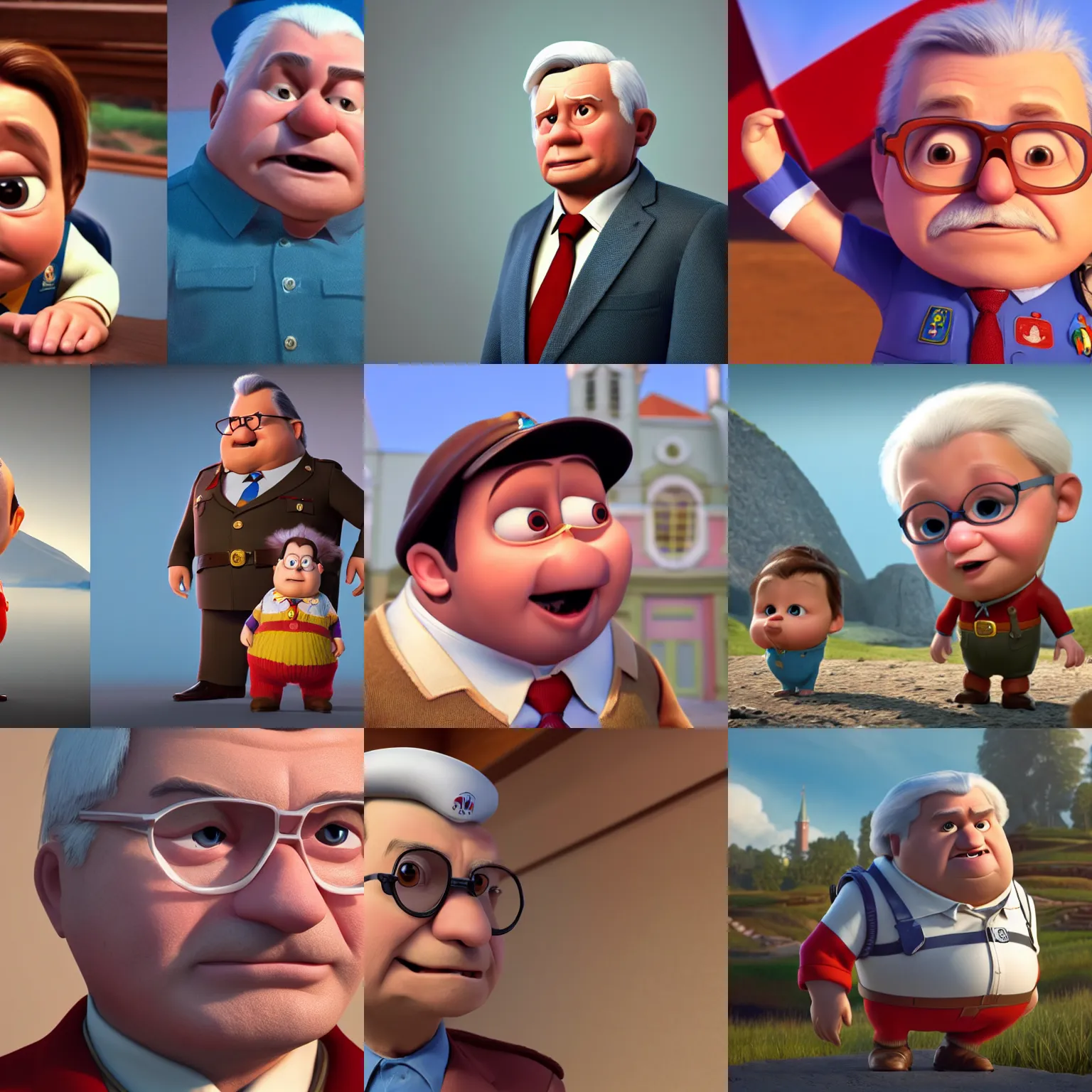 Prompt: polish politcian lech kaczynski as a pixar disney character from up ( 2 0 0 9 ), unreal engine, octane render, 3 d render, photorealistic