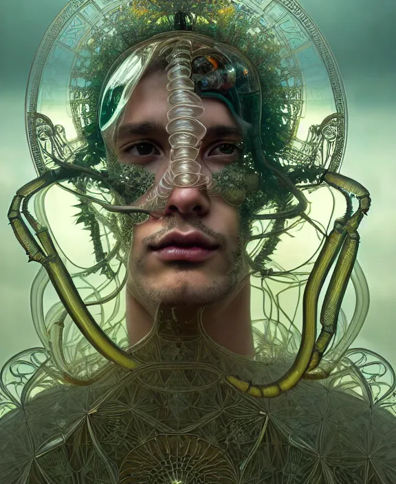 Image similar to intricate ornate opulent transparent clear see - through portrait of a playful beautiful human male beetle, fractal, adorable, childlike, overgrown biopunk jungle environment, ultra realistic, concept art, art nouveau, photorealistic, octane render, 8 k, unreal engine. art by christopher marley and artgerm and greg rutkowski and alphonse mucha