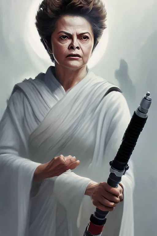 Image similar to breathtaking detailed concept art painting of a jedi dilma rousseff holding a lightsaber, by hsiao - ron cheng, exquisite detail, extremely moody lighting, 8 k