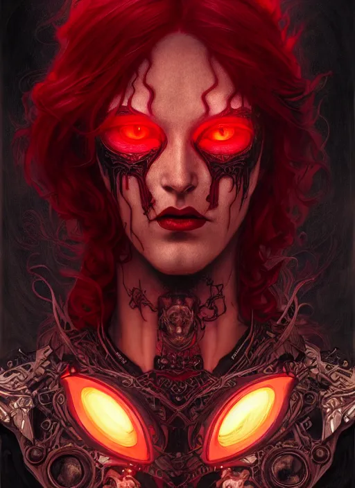 Image similar to the god hades, red hair, glowing eyes, volumetric lights, black and red scheme, art nouveau botanicals, gothic, intricate, highly detailed, digital painting, artstation, concept art, smooth, sharp focus, symmetric face, illustration, steampunk, art by artgerm and greg rutkowski and alphonse mucha