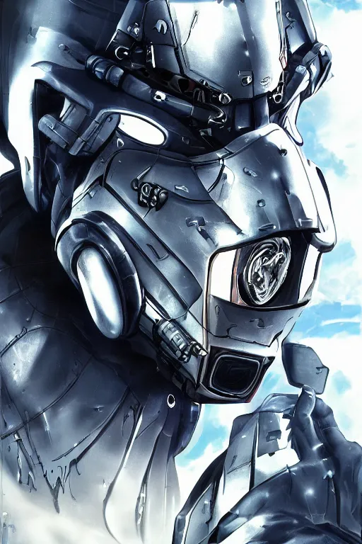 Image similar to cyber cyborg ninja mask helmet metal gear solid artic suit swat commando, global illumination ray tracing hdr fanart arstation by sung choi and eric pfeiffer and gabriel garza and casper konefal, a spectacular view cinematic rays of sunlight comic book illustration, by john kirby