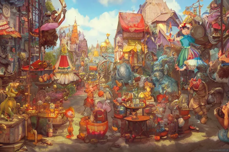 Image similar to circus cozy fantasy village street view by artgerm and Craig Mullins, James Jean, Andrey Ryabovichev, Mark Simonetti and Peter Morbacher 16k