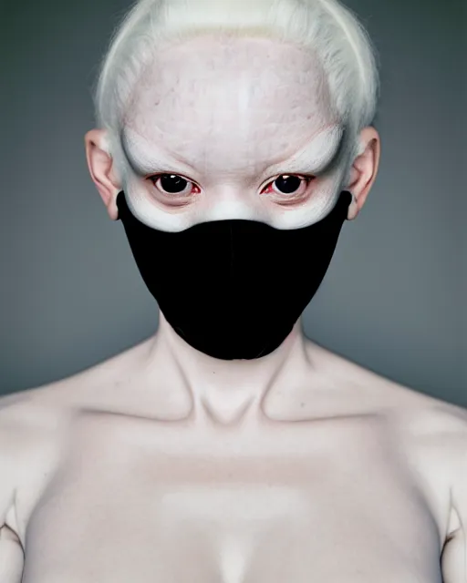Image similar to symmetrical portrait of an albino woman wearing a silicone embroidered black beauty mask and white hair buns, wearing a black bodysuit by alexander mcqueen, cream white background, soft diffused light, biotechnology, humanoide robot, bjork aesthetic, translucent, by rineke dijkstra, intricate details, highly detailed, masterpiece,