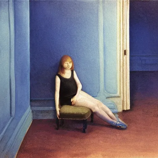 Image similar to close up of a girl in a blue and gold haunted liminal abandoned room, watercolor by gottfried helnwein, by hammershøi, art noveau, highly detailed, lights by edward hopper, liminal, eerie, bright pastel colors