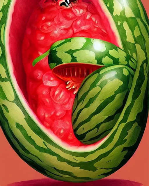 Image similar to a watermelon womb, baby in a transparent womb made of watermelon, gestation inside a watermelon, transparent, highly detailed, digital painting, artstation, concept art, smooth, sharp focus, illustration, art by artgerm and greg rutkowski and alphonse mucha