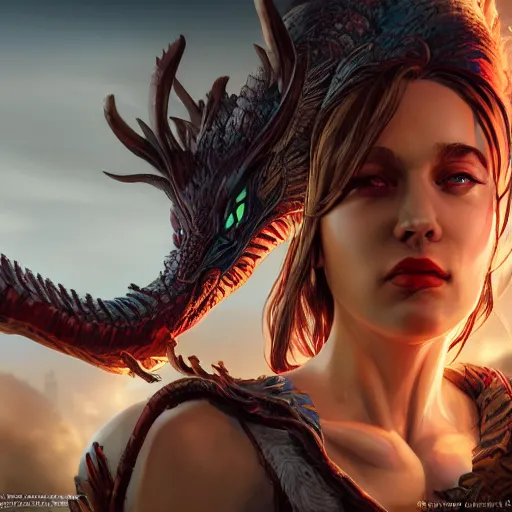 Image similar to A stunning comic book style portrait painting of a dragon goddess, wide view, unreal 5, DAZ, hyperrealistic, octane render, cosplay, RPG portrait, dynamic lighting,