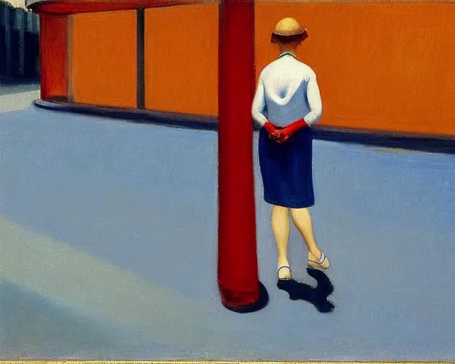 Prompt: blond woman with red and blue shoes in israel, salsa vendor, oil on canvas by edward hopper