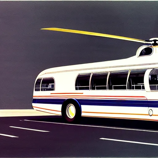 Image similar to concept art for bus + helicopter, painted by syd mead, high quality