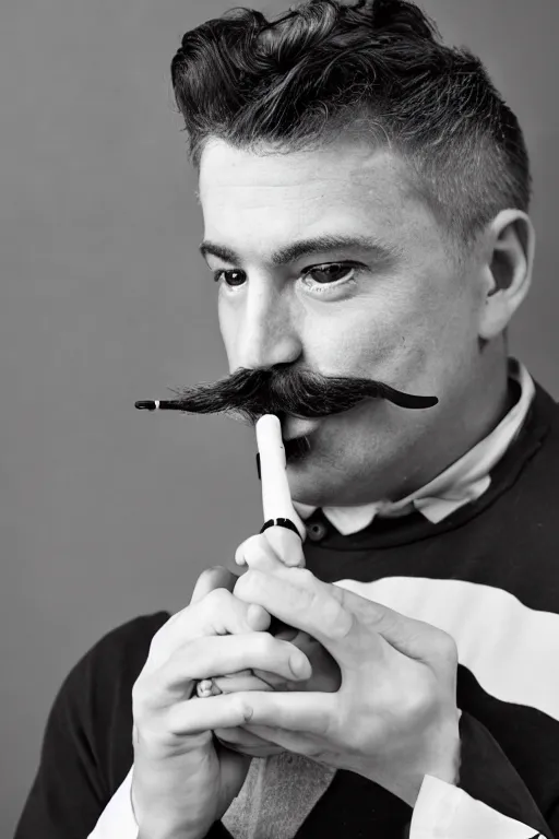 Image similar to mark mann photography, a male portrait, black hair, moustache, smoking a pipe