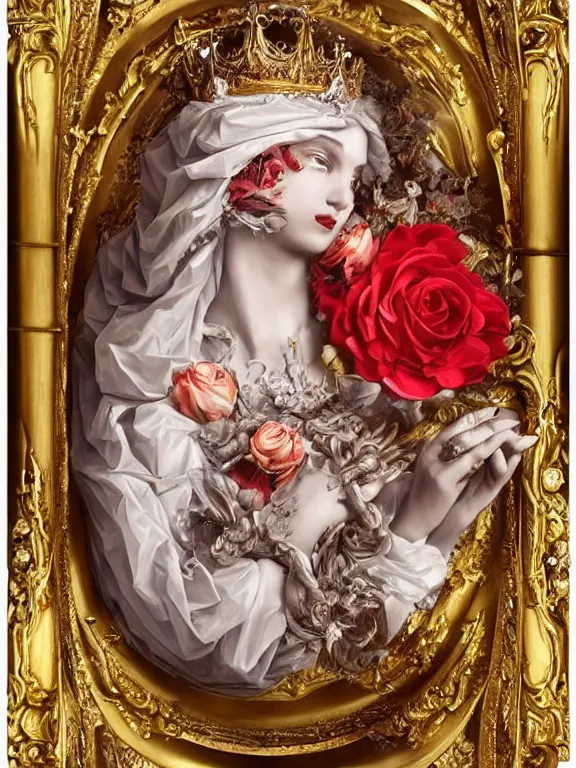 Image similar to a beautiful render of a recatholic rococo roses veiled red queen with baroque symmetry intricate detailed ,heart,pray,love,crystal-embellished,by Daveed Benito,LEdmund Leighton,Virginie Ropars,aaron horkey,Billelis,trending on pinterest,maximalist,glittering,golden ratio,cinematic lighting