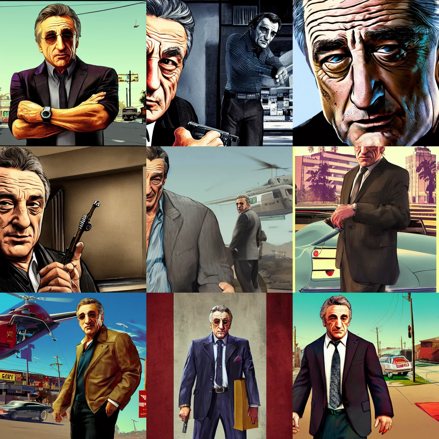 Prompt: robert deniro in gta v promotional art by stephen bliss, no text, very detailed, professional quality