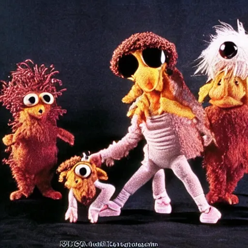 Image similar to 1 9 7 6 synthetic fur monsters with large eyes, cinematic movie scene, inspired by the movie the fifth element and'fraggle rock'