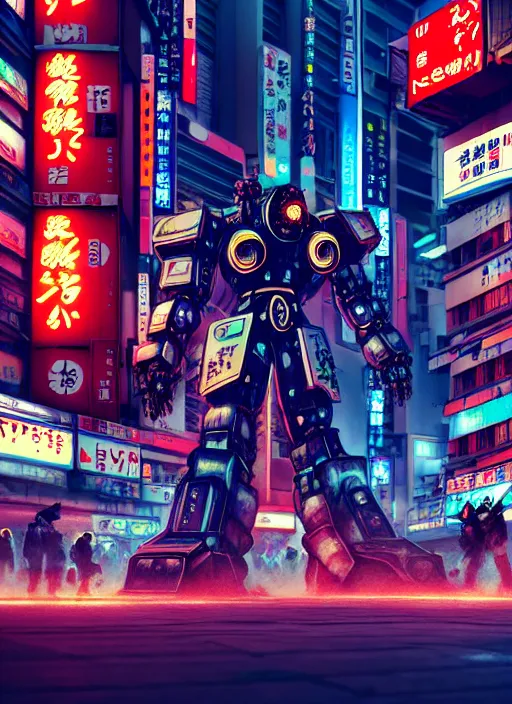 Image similar to market in japan, cyberpunk style, giant mecha - warrior in battle pose in center of field on first plan, bright neon signs, larry elmore, octane render, 3 d render, hard surface, masterpiece, trending on artstation, featured on pixiv, cinematic composition, hyper - detailed, hd, hdr, 4 k, 8 k