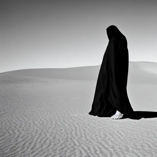 Prompt: a man wearing a long cloak and hood, in the desert, arriflex 35