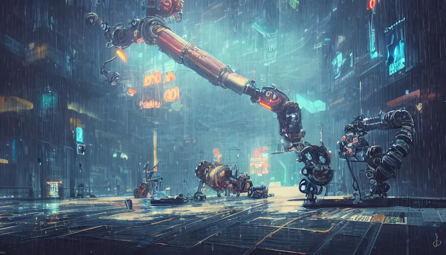 Prompt: a steampunk robot duels a cyberpunk robot, raining, sharp focus, james gilleard, cinematic, game art, extremely detailed digital painting