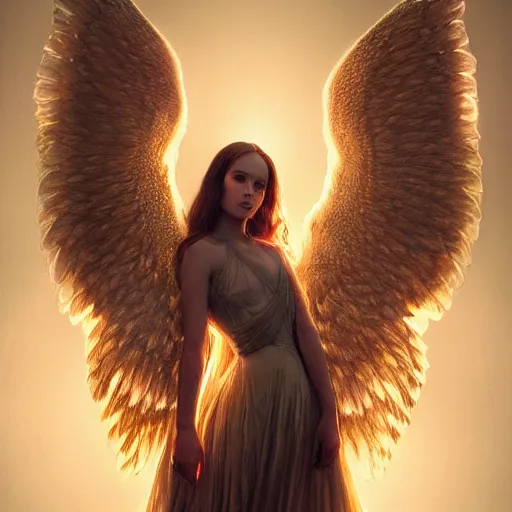 Image similar to majestic gracious regal radiating female winged angel portrait, atmospheric lighting, painted, ethereal, intricate, volumetric lighting, beautiful, rich deep colours masterpiece, golden hour, sharp focus, ultra detailed, by leesha hannigan, ross tran, thierry doizon, kai carpenter, ignacio fernandez rios