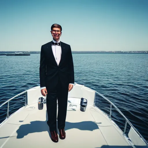 Prompt: photo portrait of a tall muscular anthropomorphic Yorkshire Terrier wearing a suit standing on a yacht deck, dslr, cinematic,