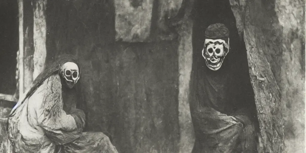 Prompt: hermit wearing a scary painted mask, 1900s picture