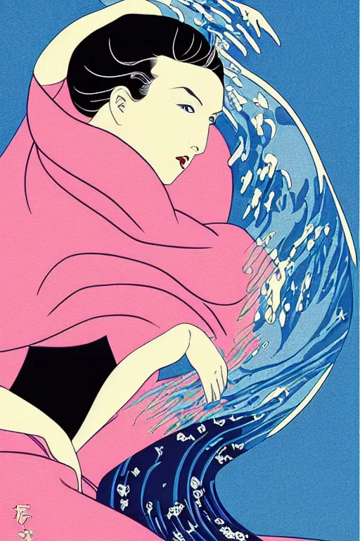 Prompt: Patrick Nagel Poster inspired by The Great Wave off Kanagawa, synthwave aesthetic, highly detailed, digital painting, artstation, concept art, smooth, sharp focus, illustration