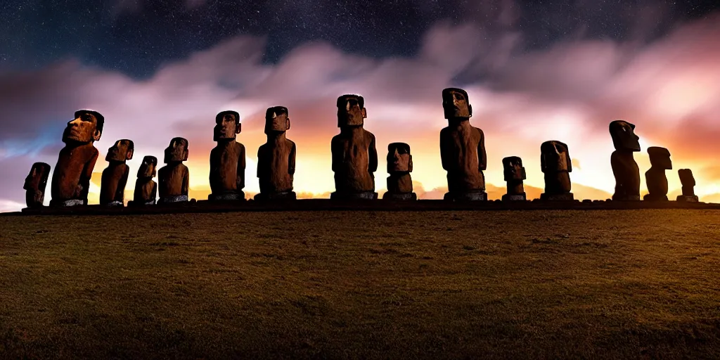 Image similar to amazing landscape photo of astronaut standing still in front of easter island statues at dusk by Marc Adamus beautiful dramatic lighting