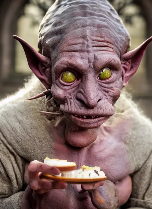 Prompt: closeup profile face portrait of a medieval goblin eating cakes in the cloisters, depth of field, zeiss lens, detailed, symmetrical, centered, fashion photoshoot, by annie leibovitz and steve mccurry, david lazar, jimmy nelsson, breathtaking, 8 k resolution, extremely detailed, beautiful, establishing shot, artistic, hyperrealistic, beautiful face, octane render